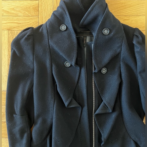 BCBG MAX AZRIA - Black, Fitted, Flutter/Ruffle PEA COAT - Picture 2 of 8